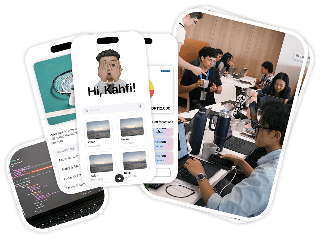 Collage of screens and photos from My Bali App: onboarding screens, code, and learners building together.